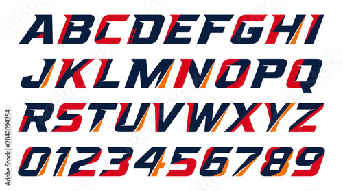 Dynamic Sporty Alphabet Font - Red, Blue, Orange Letters and Numbers