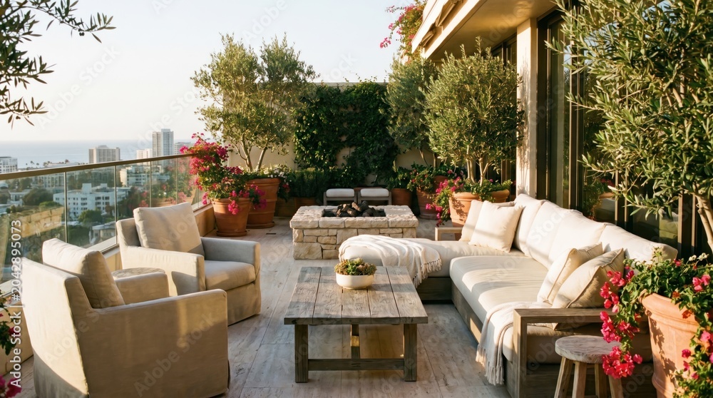 Fototapeta premium Luxurious rooftop terrace with plush seating, lush greenery, vibrant flowers, and city views