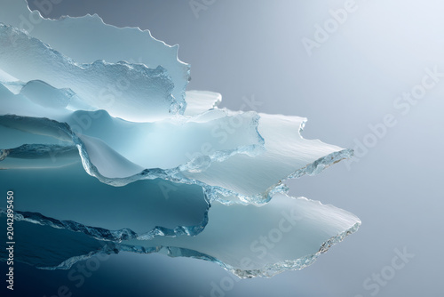 Translucent organic shapes in pastel glacier blue and mint tones layered on soft frosted glass, showcasing sub-surface scattering and minimalist design elements