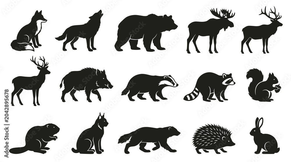 Fototapeta premium Black and White Silhouettes of Forest Animals, Vector Art