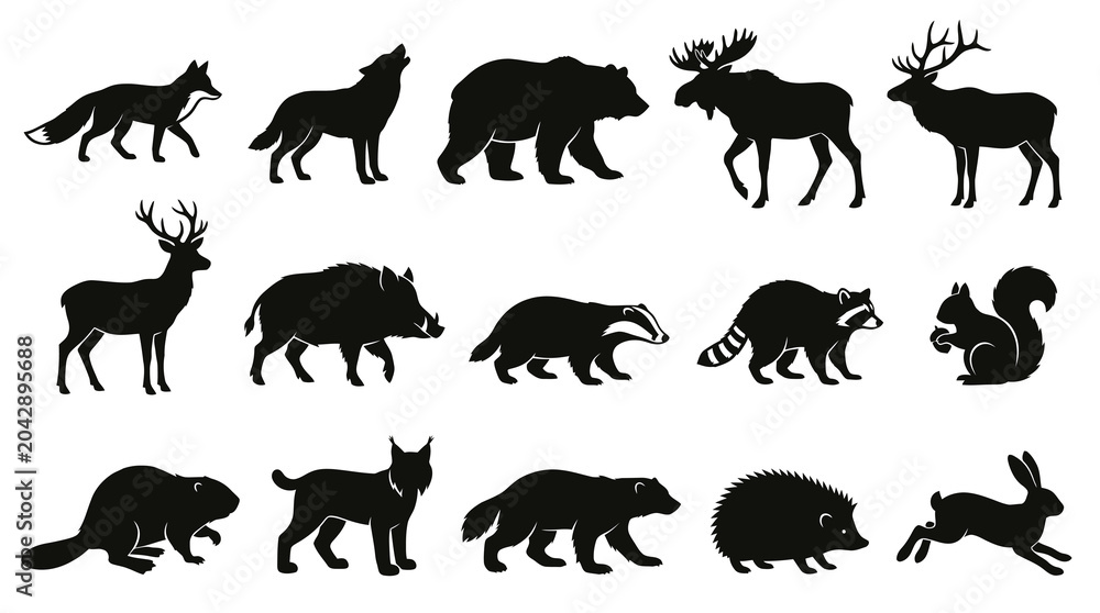 Obraz premium Forest Animals Silhouettes Vector Set. Nature and Wildlife Mammals Collection Icons.
