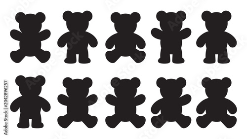 Cute teddy bear silhouette icon sheet with diverse, adorable toy shapes