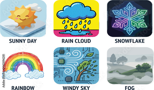 Photography A collection of six distinct vector style illustration concepts depicting differ