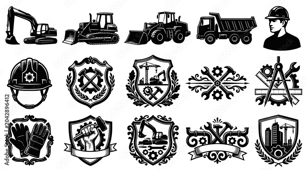 Obraz premium Construction Industry Black and White Icons: Machinery, Tools, Worker, Emblem