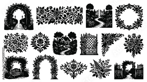 Vintage Engraving Rose Garden Elements Set - Black and White Floral Arches, Borders, Gates, Ornaments  Bouquets