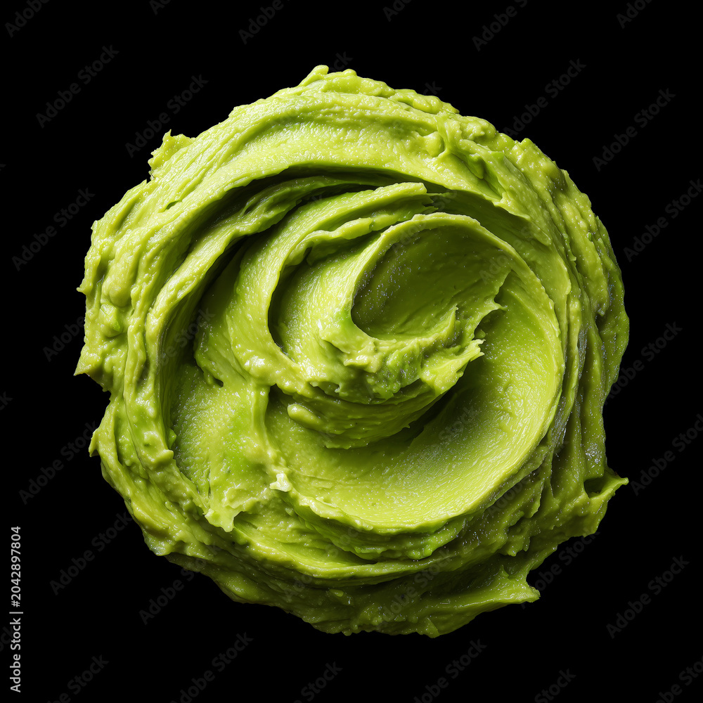 Fototapeta premium Creamy avocado paste Guacamole closeup isolated on black background with clipping path, concept freshness and natural food appeal