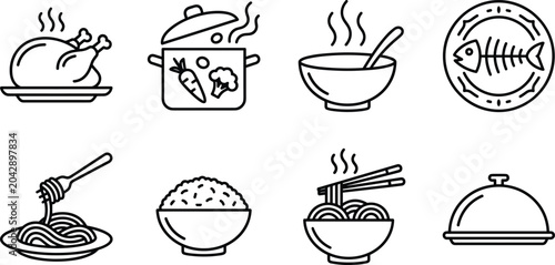Foto Cooking and Delicious Meal Line Icon Set Featuring Hot Soup Chicken Rice Noodles