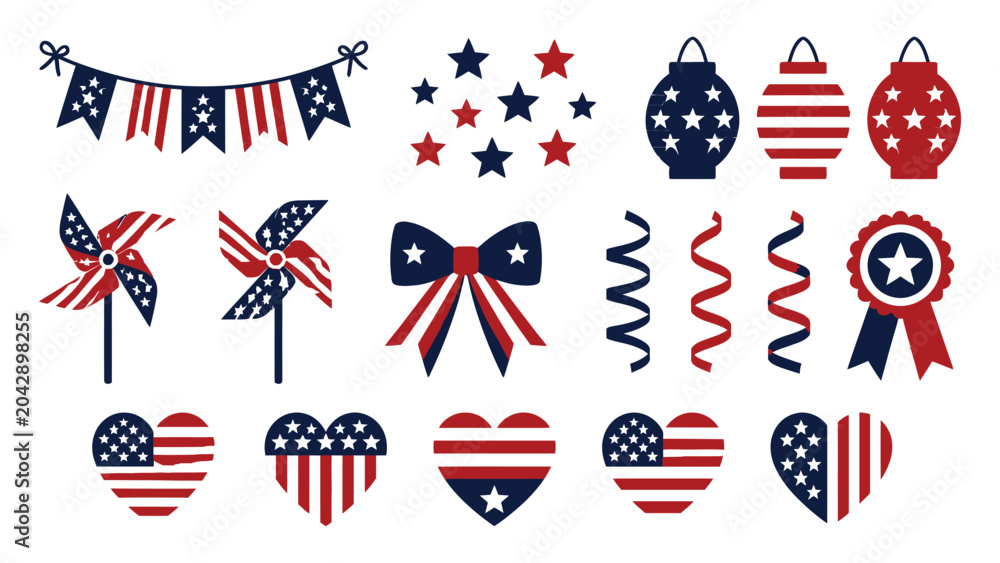 Fototapeta premium Patriotic independence day celebration elements set featuring stars stripes hearts and festive decorations