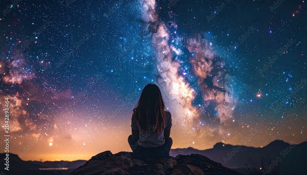 Obraz premium A person sits atop a rock, gazing at a vibrant, expansive night sky filled with stars and a visible Milky Way