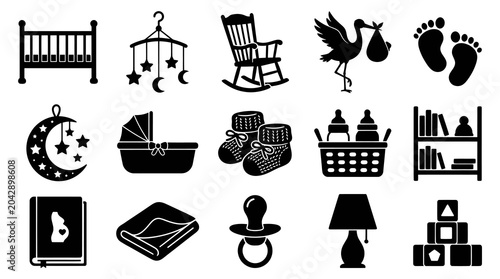 Baby Newborn Childcare Glyph Icons Set. Essential Black  White Silhouette Symbols Collection.