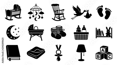Black and White Glyph Icons Set: Baby, Newborn, and Childhood Essentials Collection