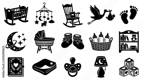 Baby and Newborn Childcare Glyph Icons Set. Solid Silhouette Vector Collection for Maternity.