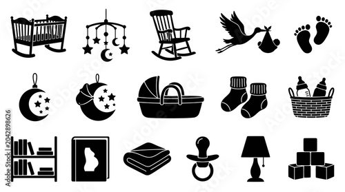 Newborn Baby Care Glyph Icons Set. Black and White Flat Silhouette Symbols for Childcare  Parenting