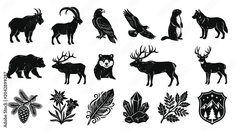 Obraz premium Black and White Engraving Style Nature and Wildlife Icon Set: Alpine Animals, Forest Plants Mountain Elements
