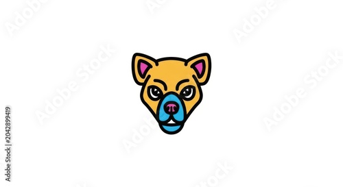 Colorful cartoon dog face illustration.