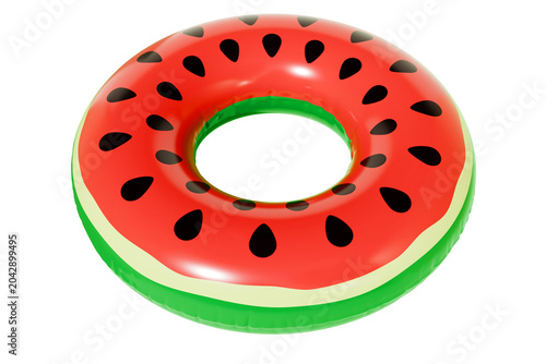 Summer Watermelon Swim Ring. Inflatable Pool Float Isolated White Background. Tropical Vacation Toy. 3d rendering