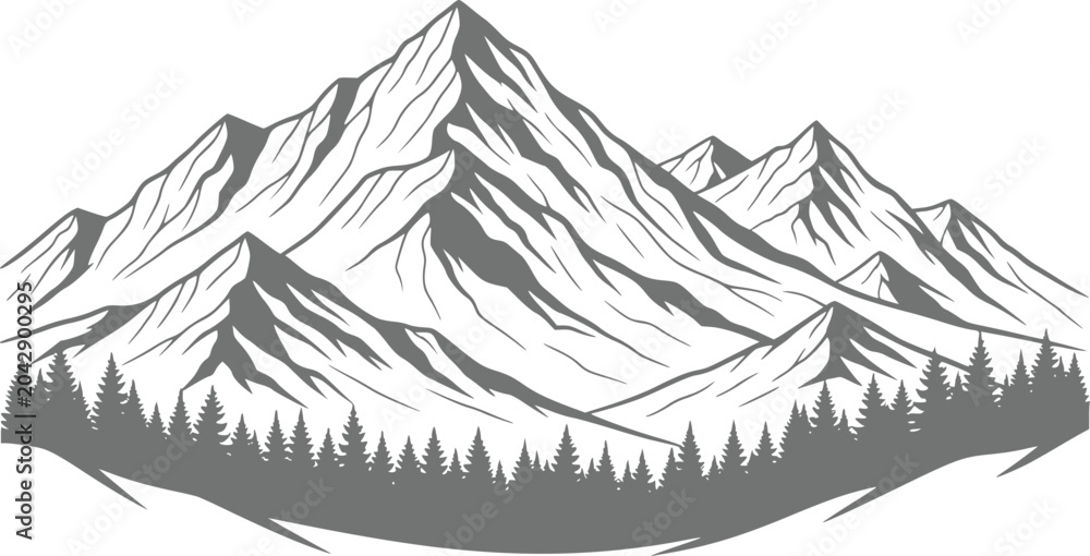 Fototapeta premium A minimalist monochrome of a mountain range rising above a dense pine forest, designed as a clean for outdoor adventure branding and nature-themed projects