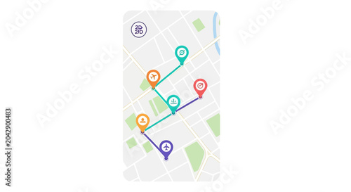 A digital map interface showing a navigation route with colorful location markers