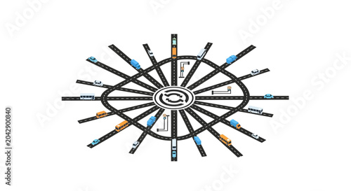 Foto A top down view of a complex circular road intersection with many vehicles