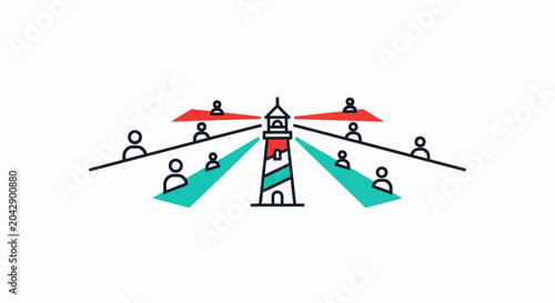 Schilderij op canvas A minimalist vector illustration showing a lighthouse guiding a group of people