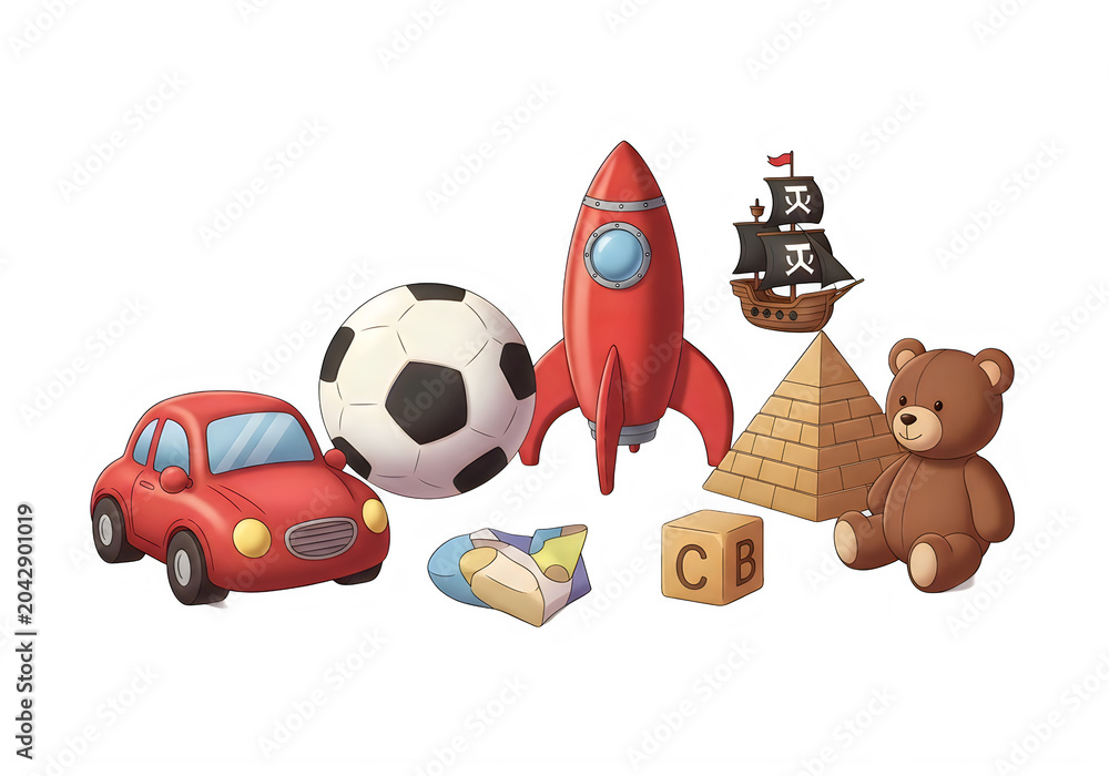 Fototapeta premium Set of colorful pixel art toys including a red car, soccer ball, rocket ship, teddy bear, pirate ship and blocks