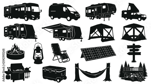 Camping  RV Travel Icons Set: Black  White Glyphs of Outdoor Recreational Vehicles, Gear, and Equipment