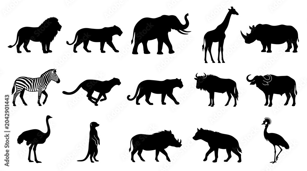 Naklejka premium Black Silhouettes of African Safari Wildlife Animals Vector Icons Set
