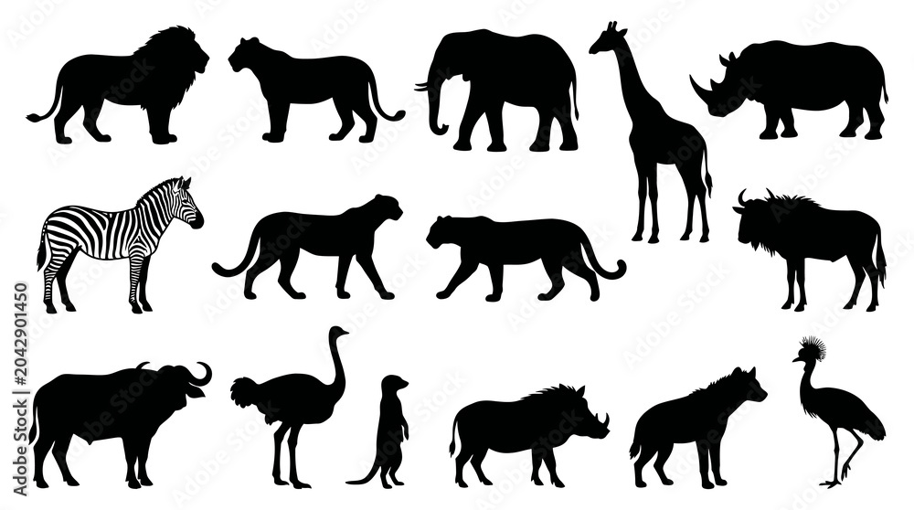 Naklejka premium African Animals Silhouette Set - Wildlife, Safari, Nature, Vector Icons