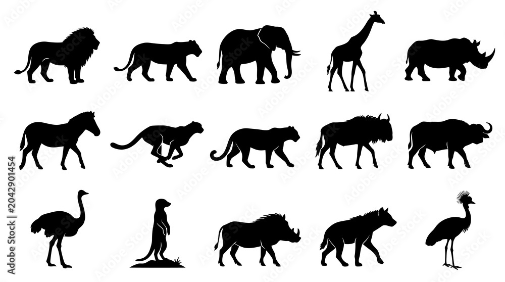 Naklejka premium African Wild Animals Silhouette Vector Icons Collection. Safari Nature Wildlife Mammals and Birds Set.