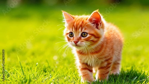 Orange kitten on green grass
