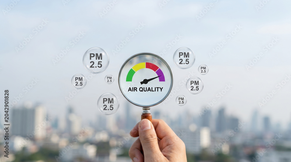 Naklejka premium Air quality pm pollution smog urban air. toxic smoke carbon emission. city fog, environmental climate health