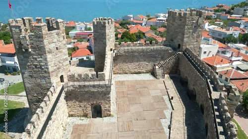 Aerial View of Candarli Castle and Coastal Town at Sunny Day, Izmir, Turkey. High quality 4k footage