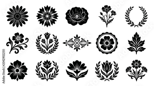 Black and White Floral  Botanical Glyph Vector Icons Set for Nature and Decorative Design Projects