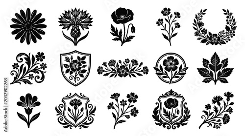 Botanical Black  White Floral Glyphs  Emblems Collection for Vintage Nature  Decorative Design Elements