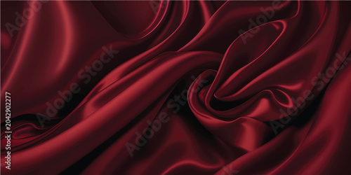 Luxurious red silk and satin fabric background featuring smooth flowing waves of soft textile texture with elegant curves and light patterns for a decorative luxury cloth backdrop illustration