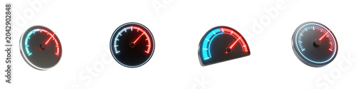 Modern speedometer gauges with neon glowing indicators isolated on black