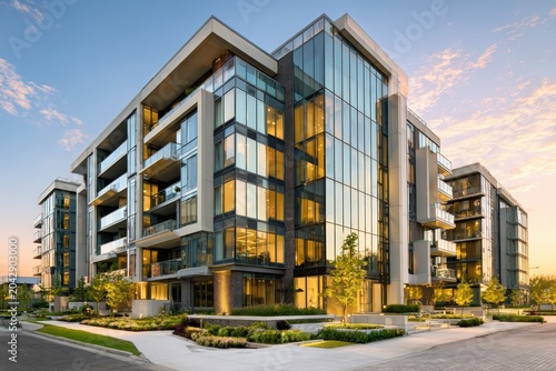 Modern luxury apartment building exterior with sleek glass facades and contemporary architecture showcasing upscale residential design perfect for real estate development and urban living concept.
