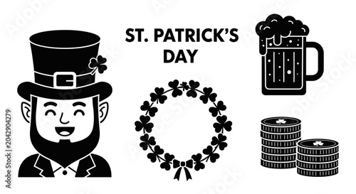 St patrick's day celebration icons with leprechaun shamrocks beer and coins