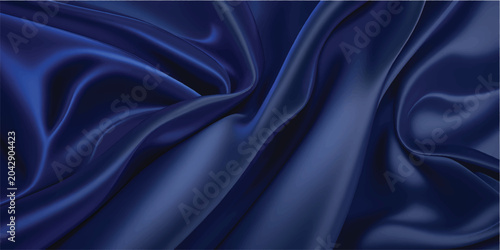 Luxurious dark blue silk and satin fabric textile background with smooth elegant waves of shiny soft drapery material creating a romantic curved texture backdrop