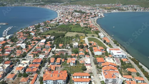 Aerial View of Candarli Peninsula and Coastal Town with Turquoise Aegean Sea, Izmir, Turkey. High quality 4k footage