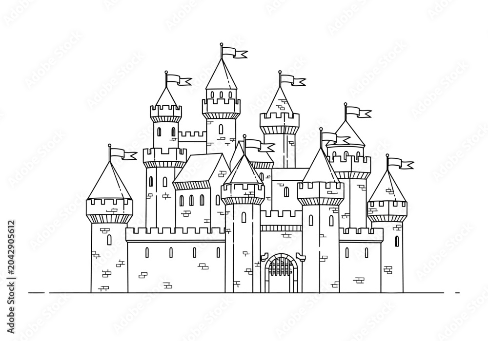 Fototapeta premium Detailed Line Art Drawing of a Majestic Medieval Castle with Towers and Flags.