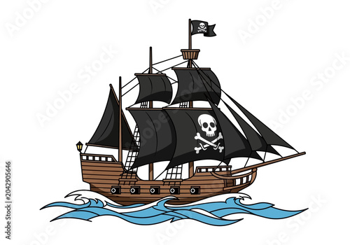 Canvas-taulu Pirate Ship Sailing on Waves with Skull and Crossbones Flag.