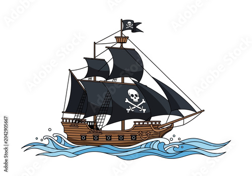 Foto Cartoon pirate ship with skull and crossbones sails sailing on ocean waves