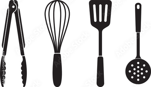 Set of kitchen utensils tongs, whisk, spatula and skimmer