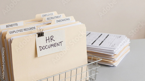 HR document management system with labeled file folders for employee records benefits recruitment and onboarding in wire desk organizer for human resources administration and compliance