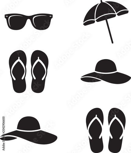 Summer beach vacation icons set with sunglasses, umbrella, hat and flip flops