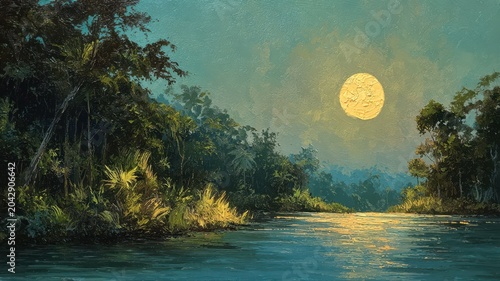 Sunrise over a calm river with trees lining the banks and a bright sun rising in the sky displaying warm colors