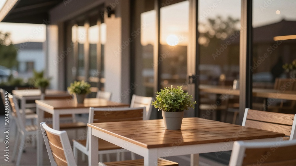 Fototapeta premium Tables and chairs set up at sidewalk cafe