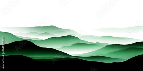Schilderij op canvas Serene mist-shrouded mountainscape, layered emerald peaks fade into ethereal haze, evoking tranquility and majestic natural beauty