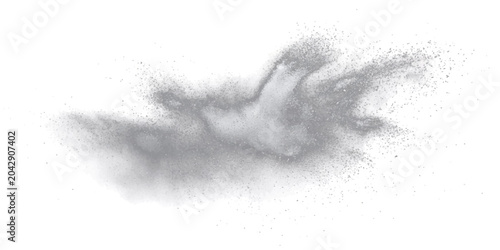 Obraz na plátne Explosion of particulate matter resembling soaring bird wing, conveying dynamic energy chaotic disintegration, stark white background enhances visual impact